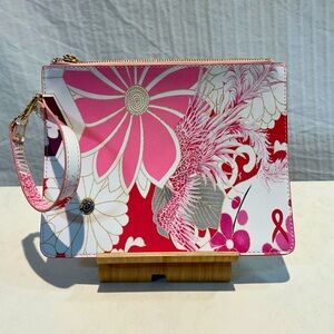 CHICOS Pink Floral Print Zippered Pouch Flat with Strap/Clip gold Hardware